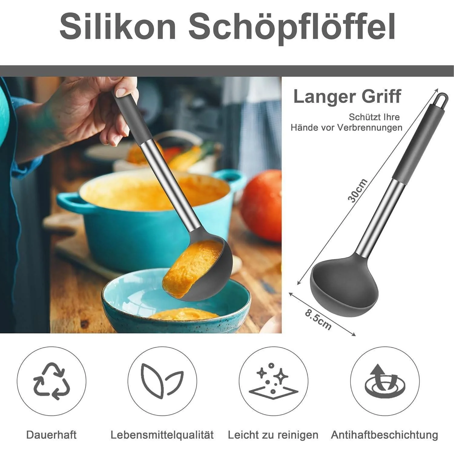 LUXUSKOLLEKTION Suppenkelle Set 2 teilig Silikon Edelstahl 30 cm Grau