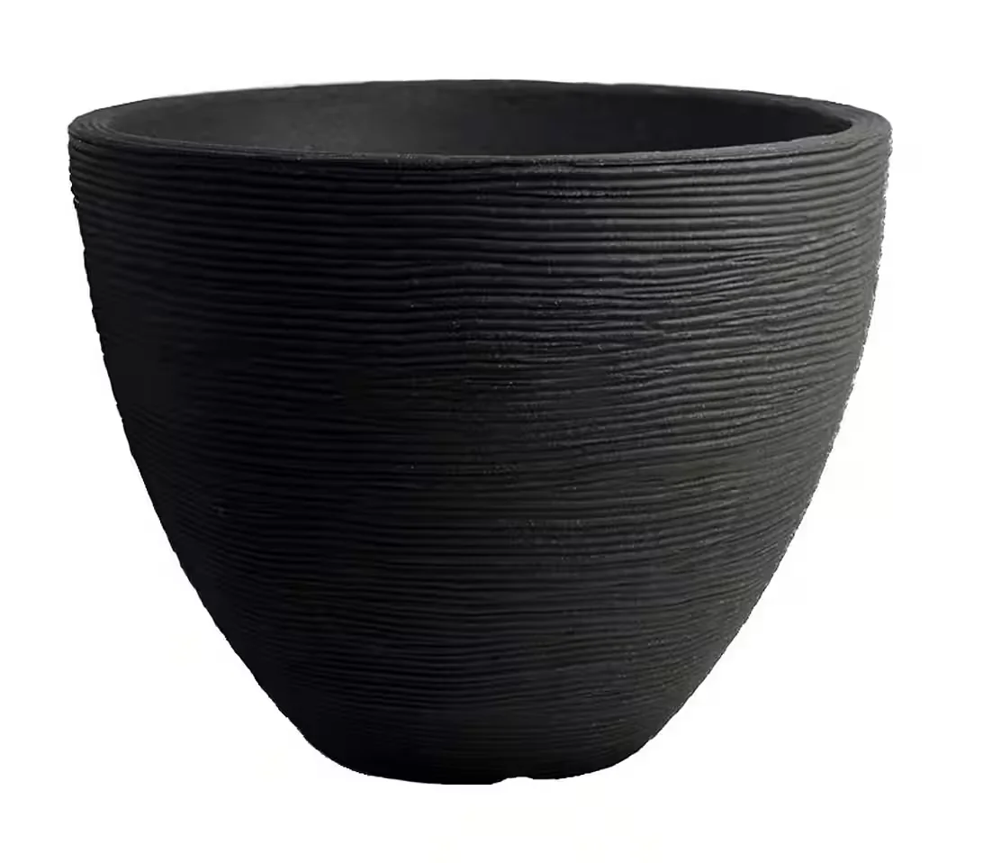 Spetebo Blumentopf Blumenkübel mit Rillen rund 39 x 31 cm anthrazit