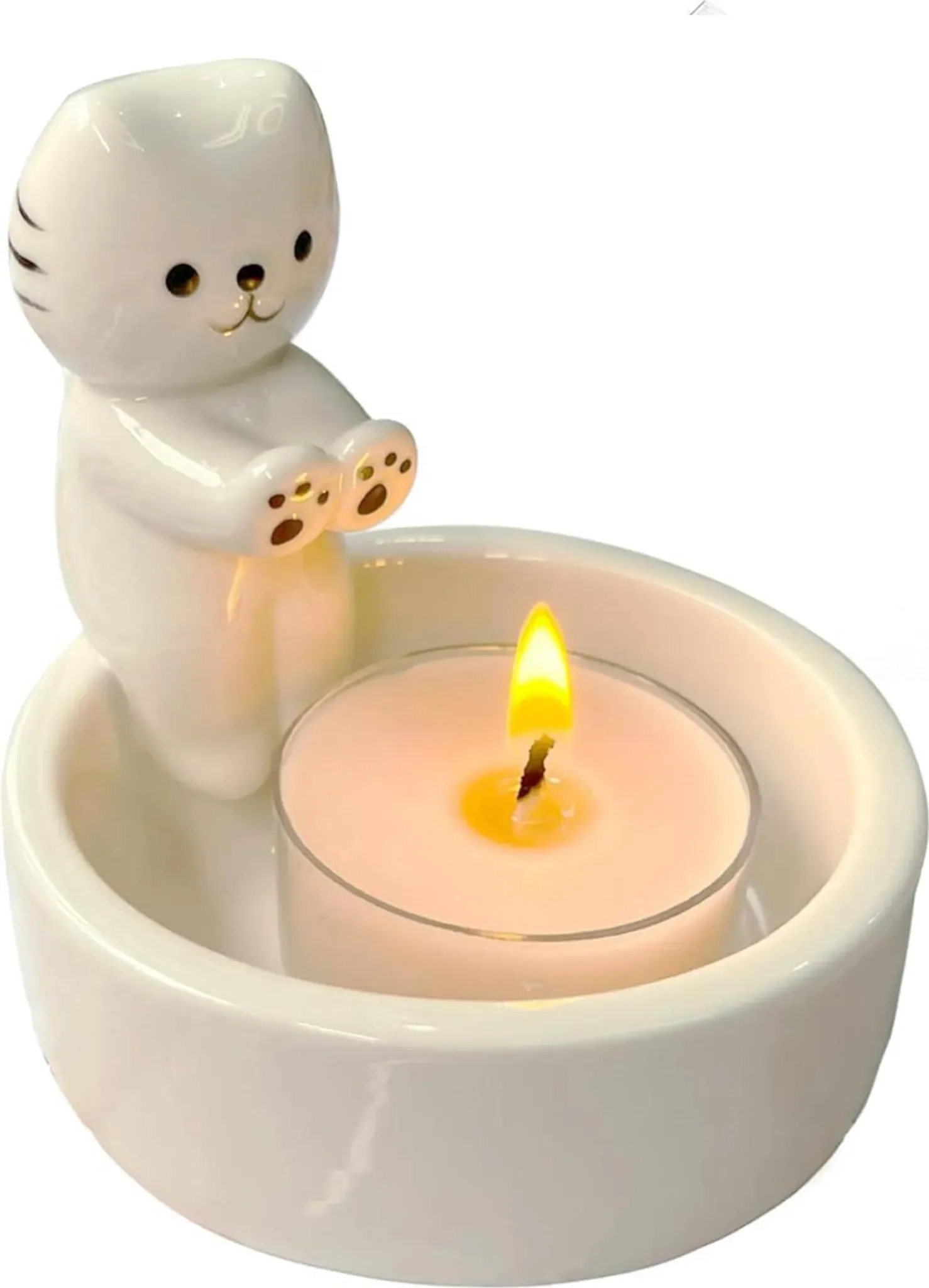 Kerzenständer Katze aus Keramik – dekorativer Teelichthalter, Weiß