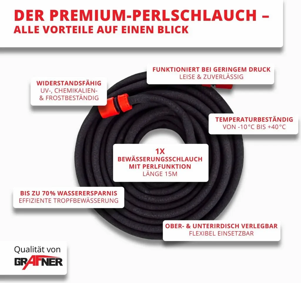 Grafner Perlschlauch Set 1/2 Zoll 15 m mit Anschlussset Tropfschlauch