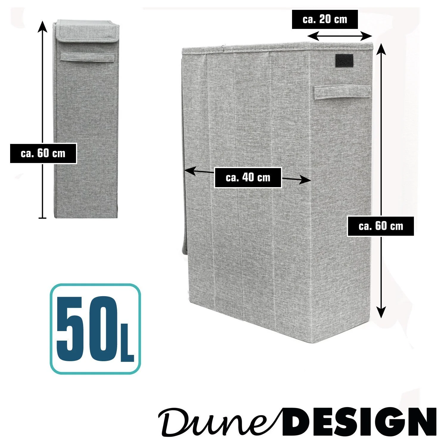DUNEDESIGN Wäschekorb mit Deckel 50L schmal Grau Wäschebox