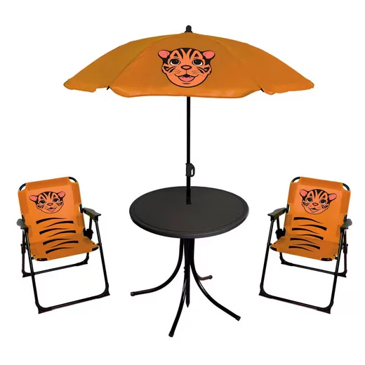 MOJAWO Kinder Campingmöbel Set 4-tlg Tiger Tisch Stuhl Sonnenschirm