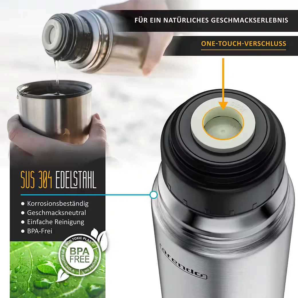 ARENDO Thermoflasche 1L auslaufsicher Edelstahl Isolierflasche