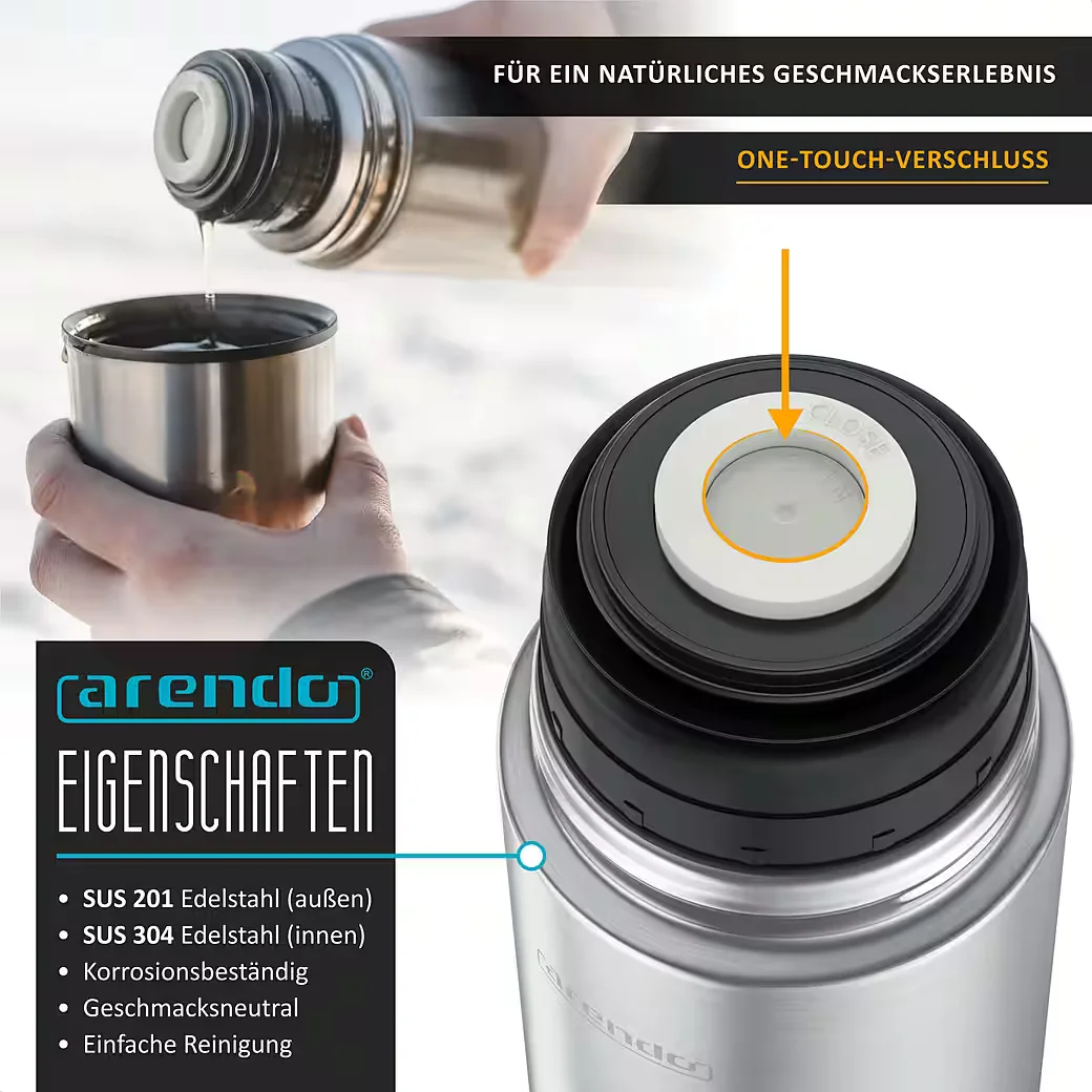 ARENDO Isolierflasche 0,75 L Edelstahl auslaufsicher Thermoflasche