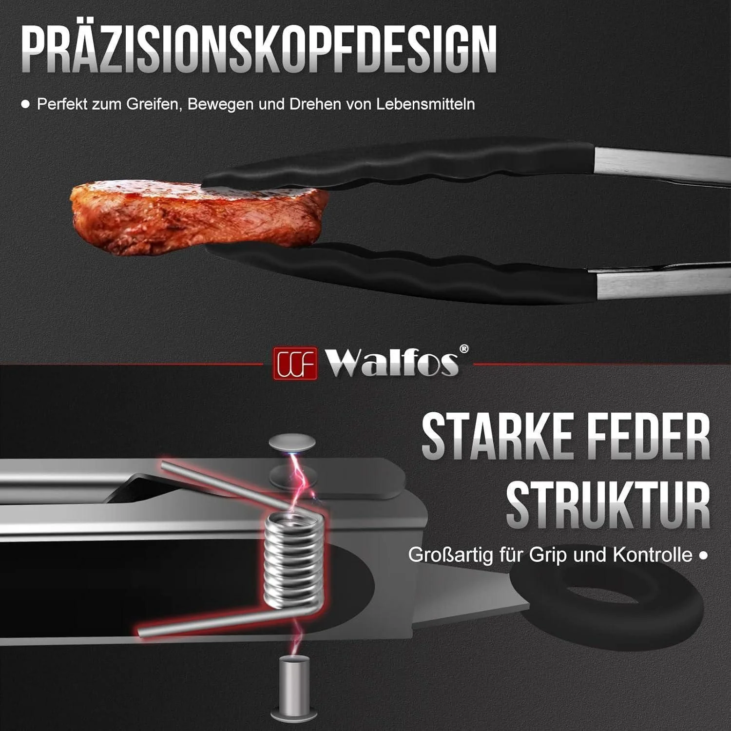 LUXUSKOLLEKTION Grillzangen 4er Set Edelstahl hitzebeständig schwarz