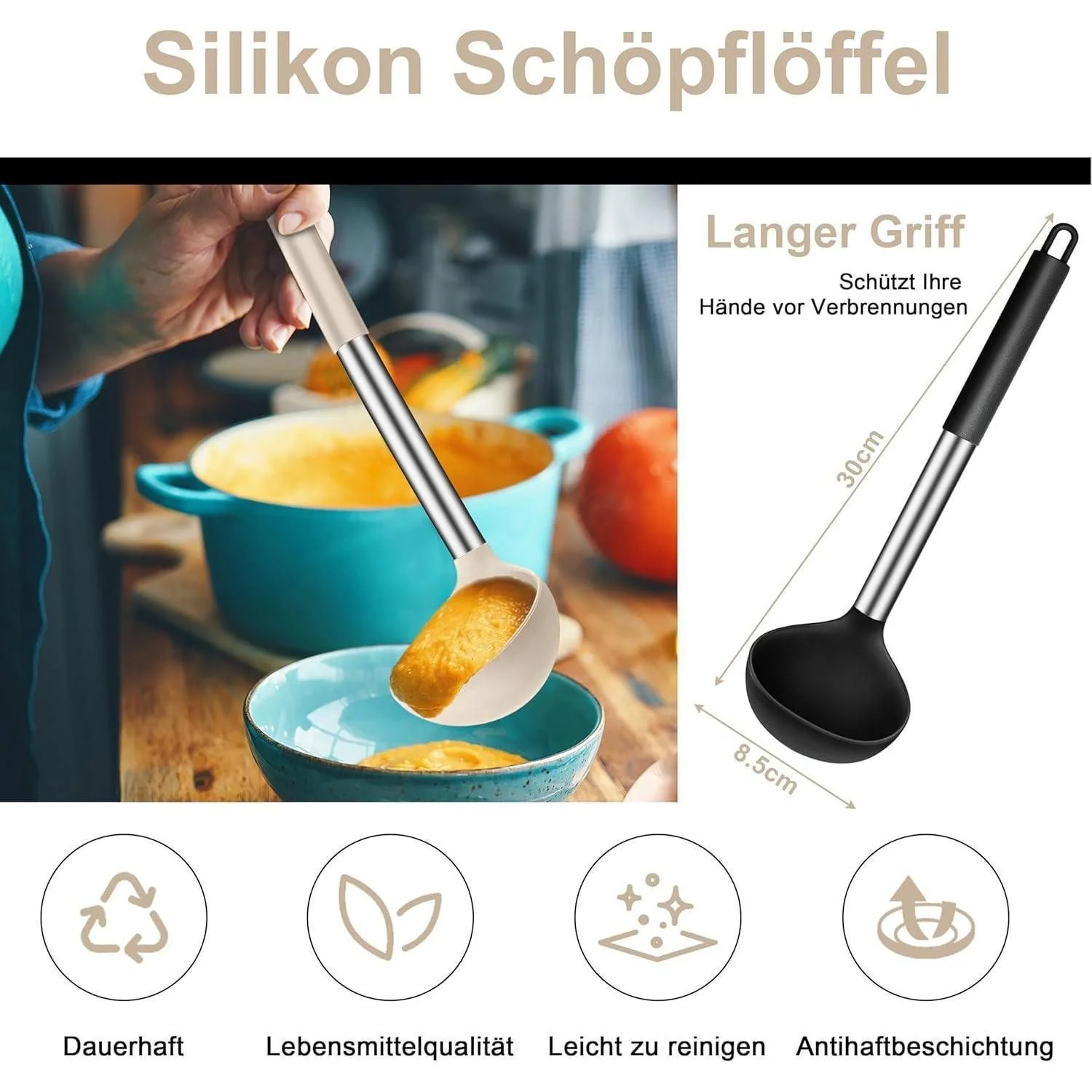 LUXUSKOLLEKTION Suppenkelle Silikon Antihaft 30cm Set Schwarz Khaki