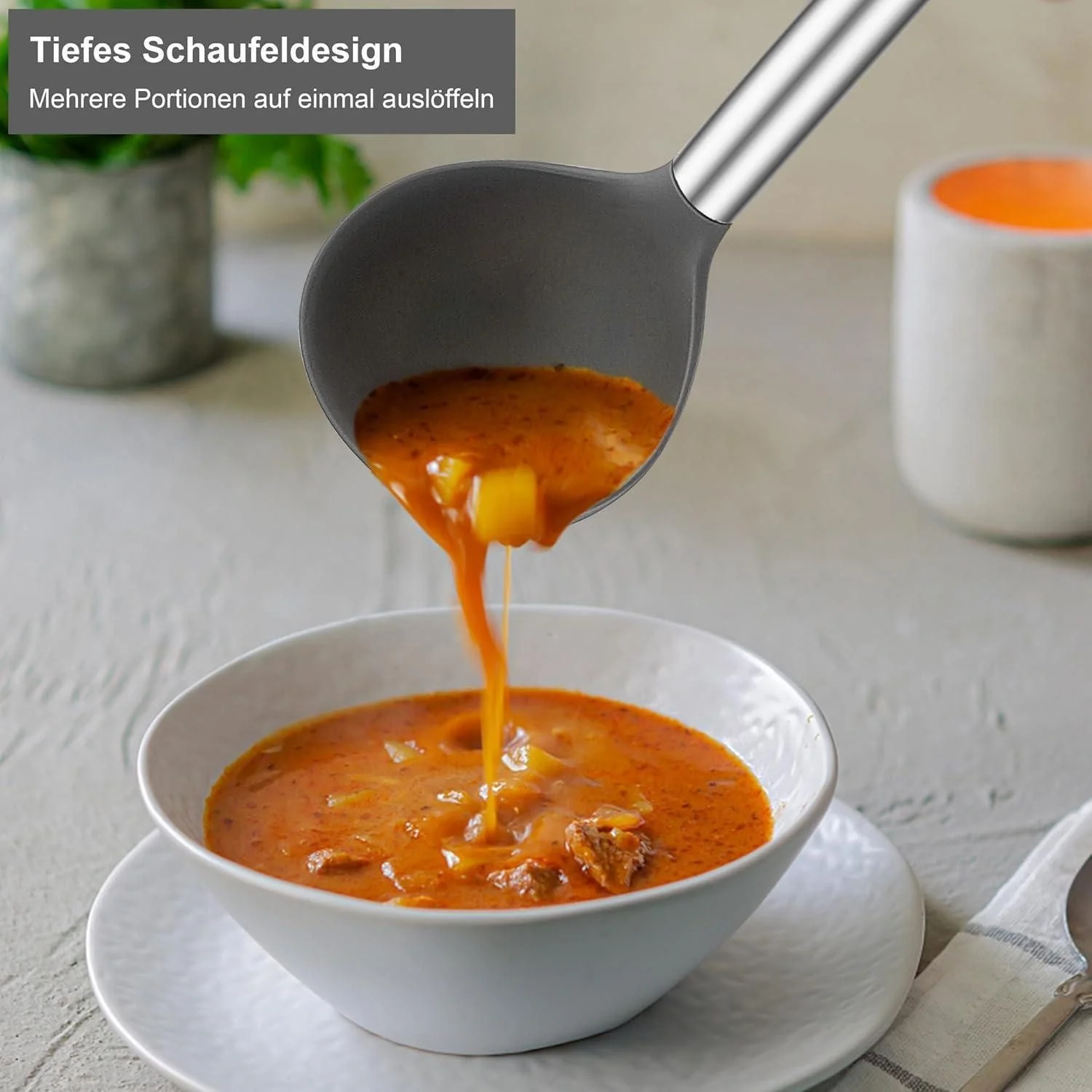 LUXUSKOLLEKTION Suppenkelle Set 2 teilig Silikon Edelstahl 30 cm Grau