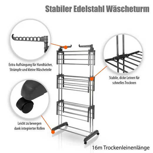 BIGDEAN Wäscheständer Turm 3 Ebenen mit 4 Rollen grau