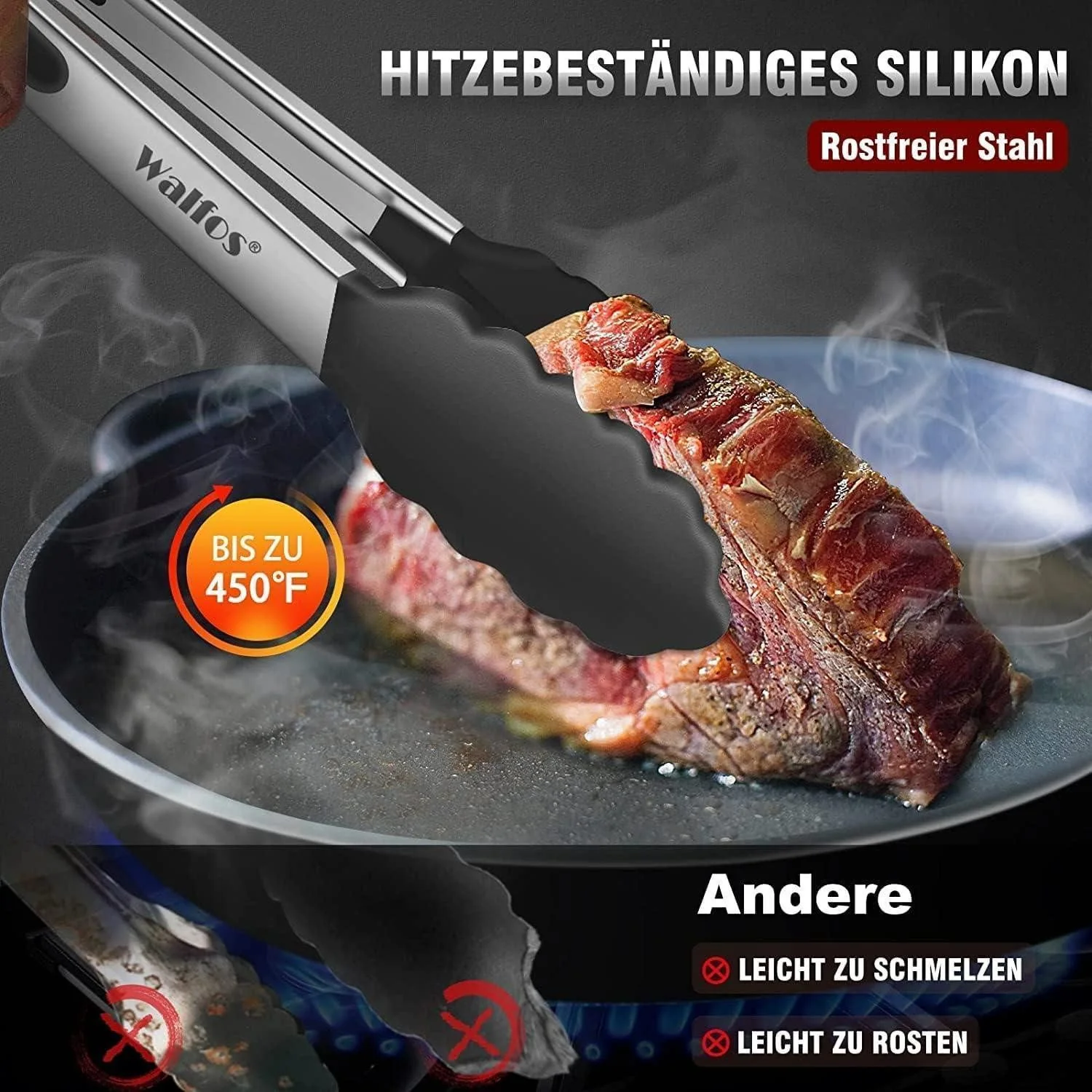 LUXUSKOLLEKTION Grillzangen 4er Set Edelstahl hitzebeständig schwarz
