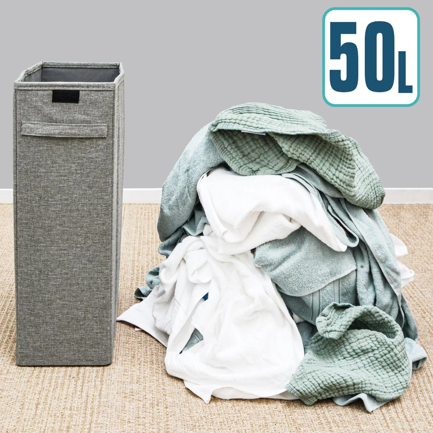 DUNEDESIGN Wäschekorb mit Deckel 50L schmal Grau Wäschebox