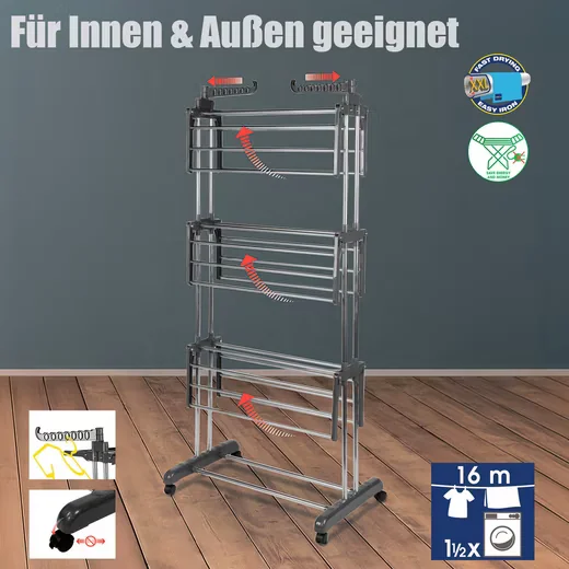 BIGDEAN Wäscheständer Turm 3 Ebenen mit 4 Rollen grau