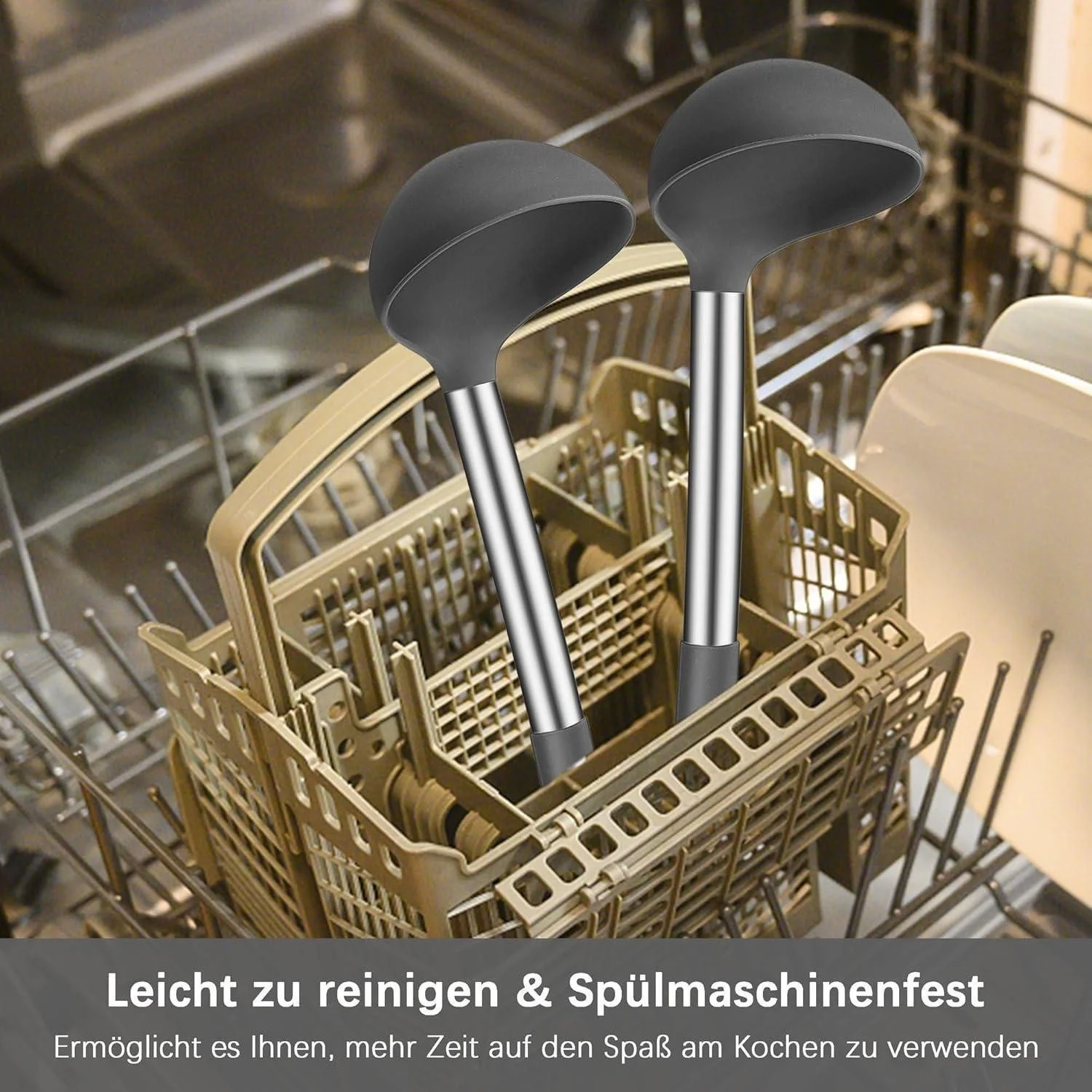 LUXUSKOLLEKTION Suppenkelle Set 2 teilig Silikon Edelstahl 30 cm Grau