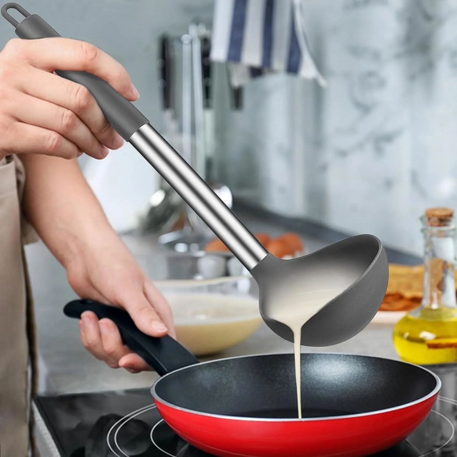 LUXUSKOLLEKTION Suppenkelle Set 2 teilig Silikon Edelstahl 30 cm Grau
