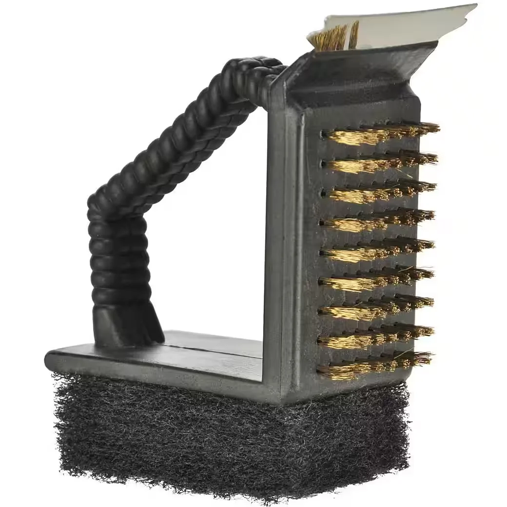 Grillbürste 3-in-1 – Schwamm, Drahtbürste & Edelstahlschaber