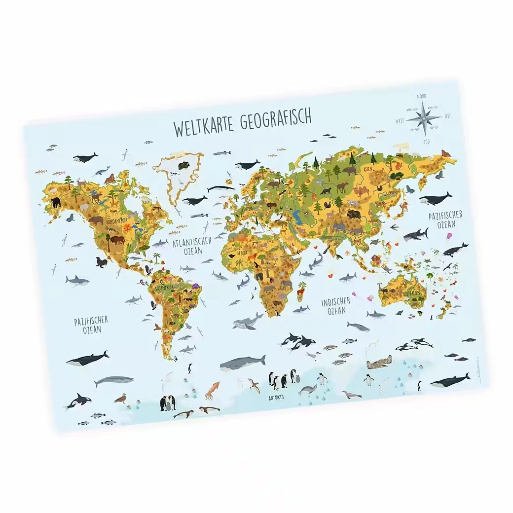 Kinderposter Weltkarte Tiere geografisch – DIN A3 (420 × 297 mm)