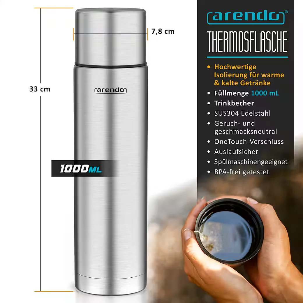 ARENDO Thermoflasche 1L auslaufsicher Edelstahl Isolierflasche